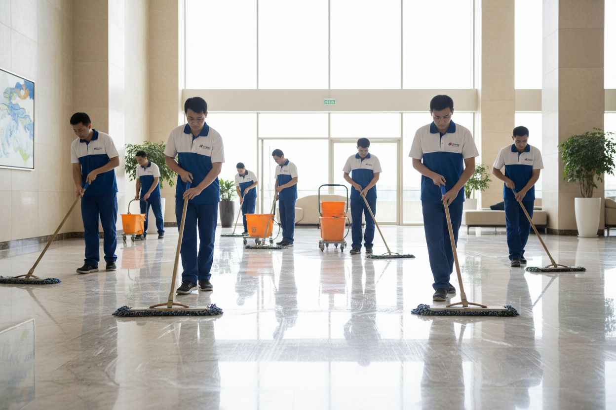 floor cleaning workers on room 